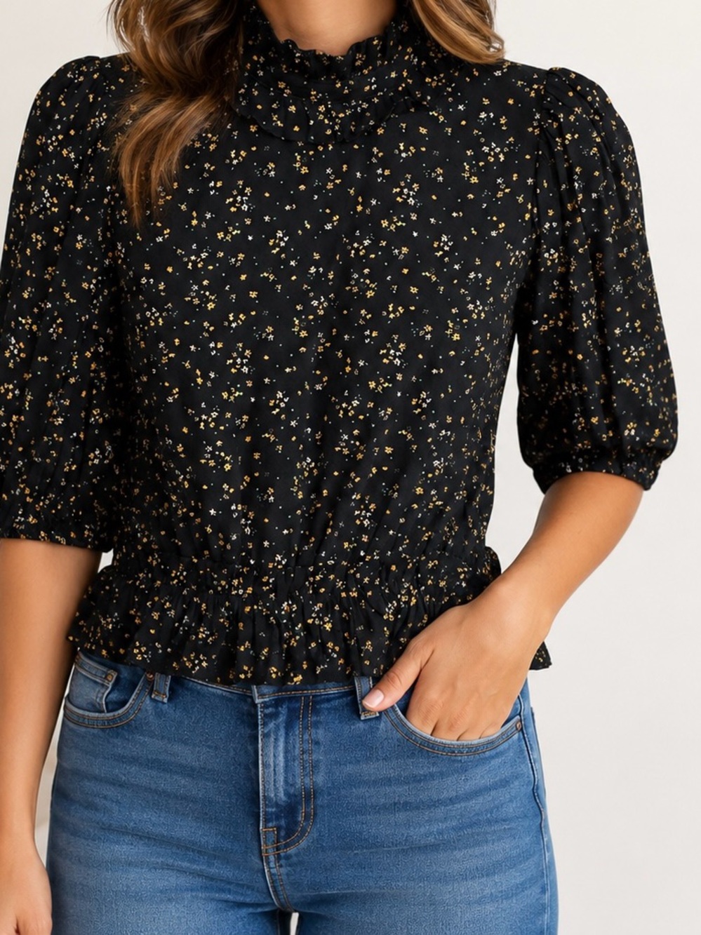 GANNI Black Floral Peplum Blouse Puff Sleeve High Neck Size 32 XXS XS
